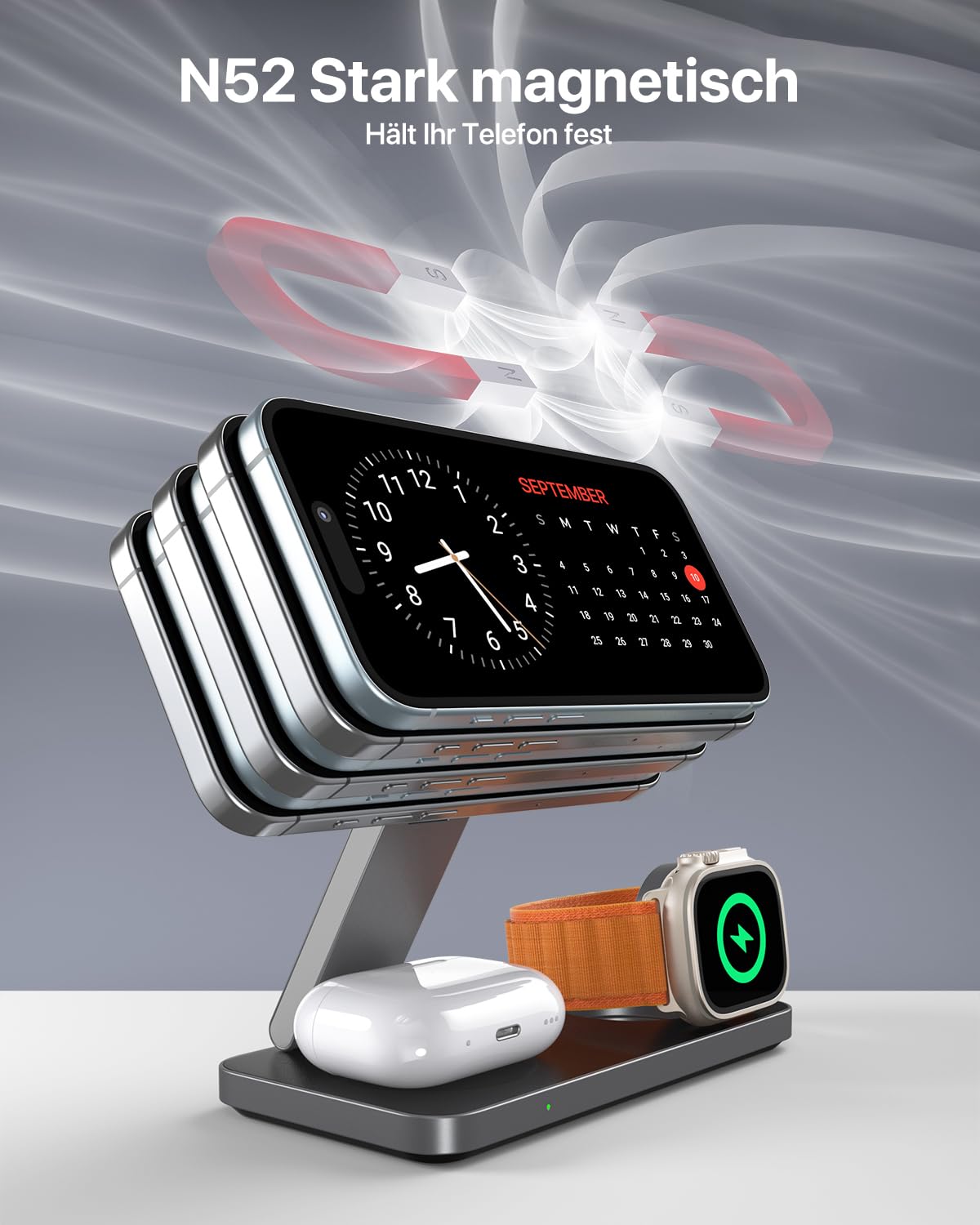 3 in 1 Ladestation mit Qi2.2 25W, Ladestation Apple Watch und iPhone Kompatibel mit Magsafe Ladestation Wireless Charger Für iPhone 17/16/15/14/13/12, AirPods, Apple Watch, mit 35W Adapter