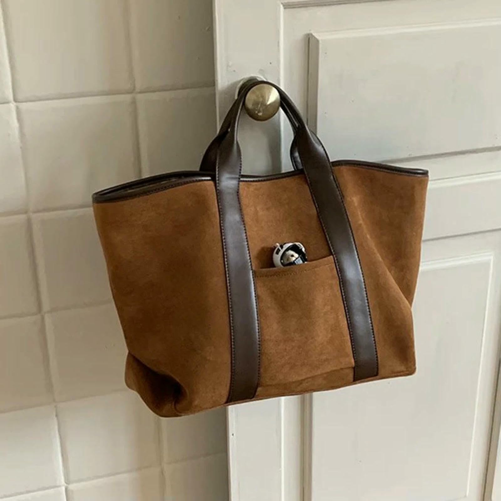 CHENSHI Borsa a Mano Donna in Pelle Scamosciata per Sacca da Lavoro Top Vintage di Grande capacità-Marrone