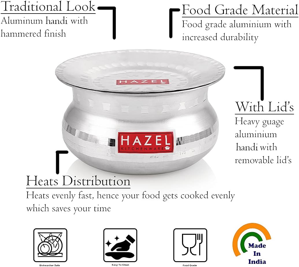 HAZEL Biryani Pot| Aluminium Biryani Handi Set, 2000 ML| Premium Aluminium Hammered Finish Tope, Patila Handi | Multipurpose Aluminium Cooking Utensils for Kitchen Silver