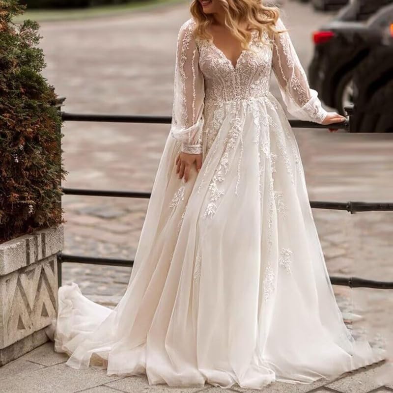 JAEDEN Brautkleid Große Größen mit Ärmel Damen Spitze Hochzeitskleider V-Ausschnitt Boho Brautkleider Standesamt