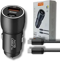 Carregador Veicular Turbo 60W Pro, Kit com Cabo USB-C. Duas portas USB 3.0 + USB-C, Led, Carregamento Rápido 9.1A Fast Charge Carro/Automotivo Compatível com IOS e Android – Premium (Preto)