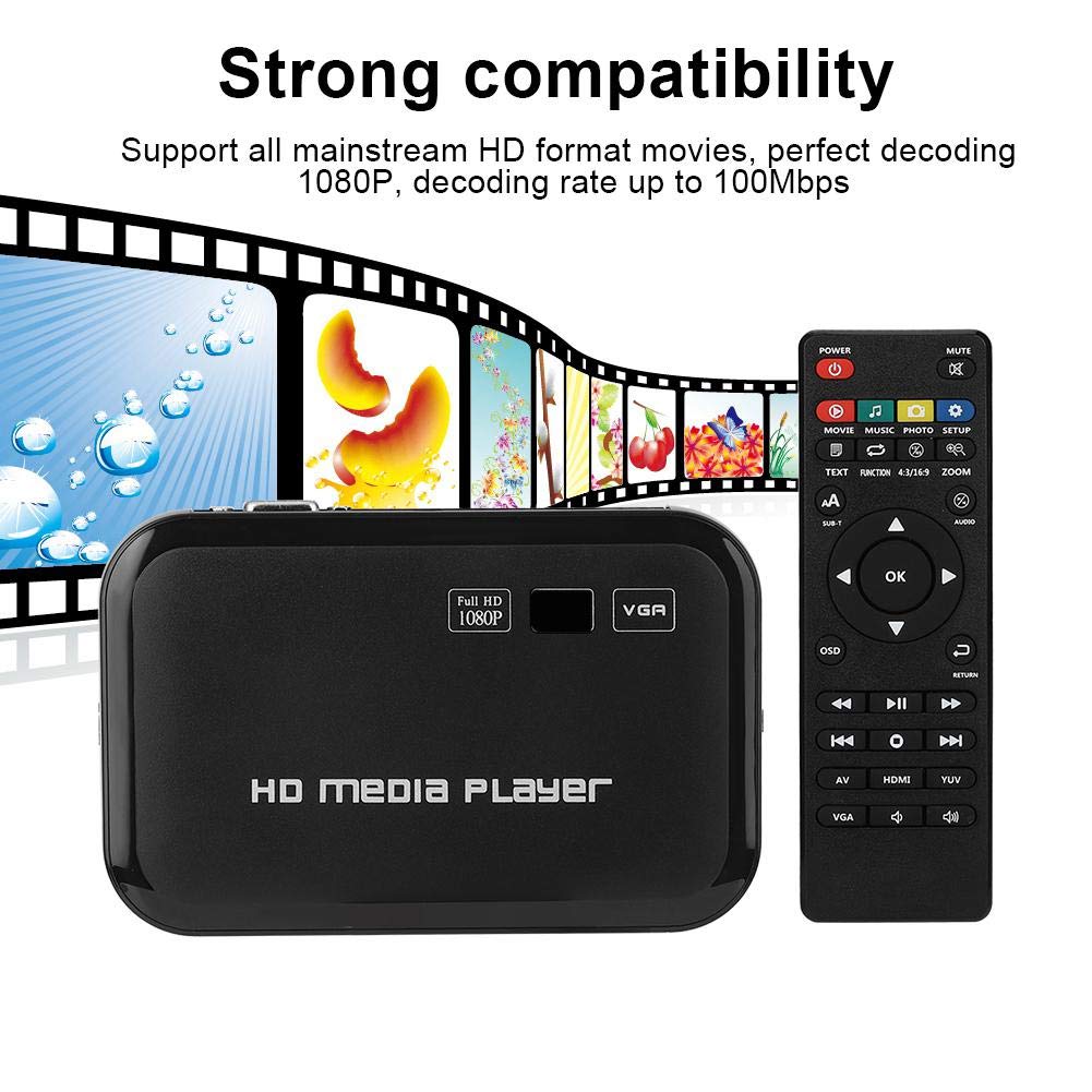 HD Media Player, złącza HDMI 1080p, przenośny odtwarzacz Full HD, odtwarzanie filmów i zdjęć za pomocą napędu USB/kart SD/urządzeń zewnętrznych, wyjście HDMI/AV/VGA