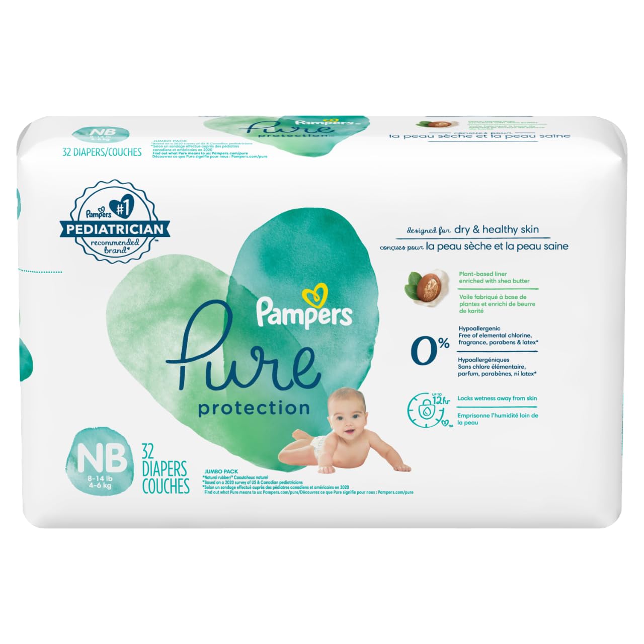 Pure Protection Baby Diapers, Newborn Extra Small Size Taped Diapers, (NB/XS) Size 1, 32 Count [Hypo allergenic and unscented protection 0% chlorine paraben latex]