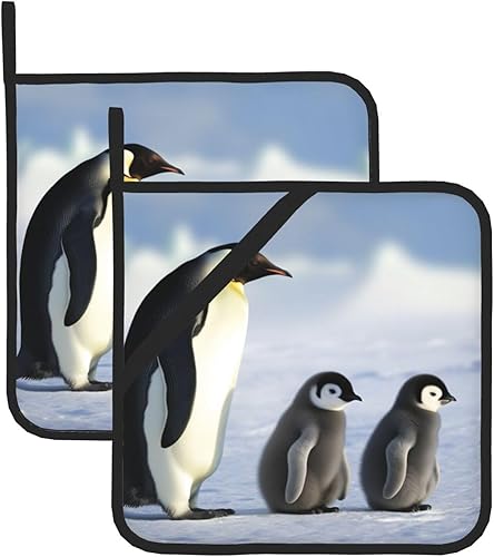 Penguin Family Print Pot Holders Hot Pads Set of 2 Heat Resistant Non-Slip Potholder for Kitchen Baking Cooking BBQ