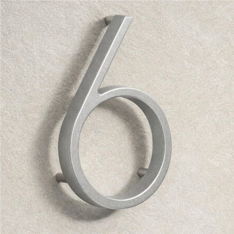 House Signs Direct | Modern Floating 3D Silver Metal House Numbers 5 Inch | Stylish Front Door Numbers with Waterproof Zinc Alloy Finish | Easy Install Door Number Sign for Wall or Gate - Number 6