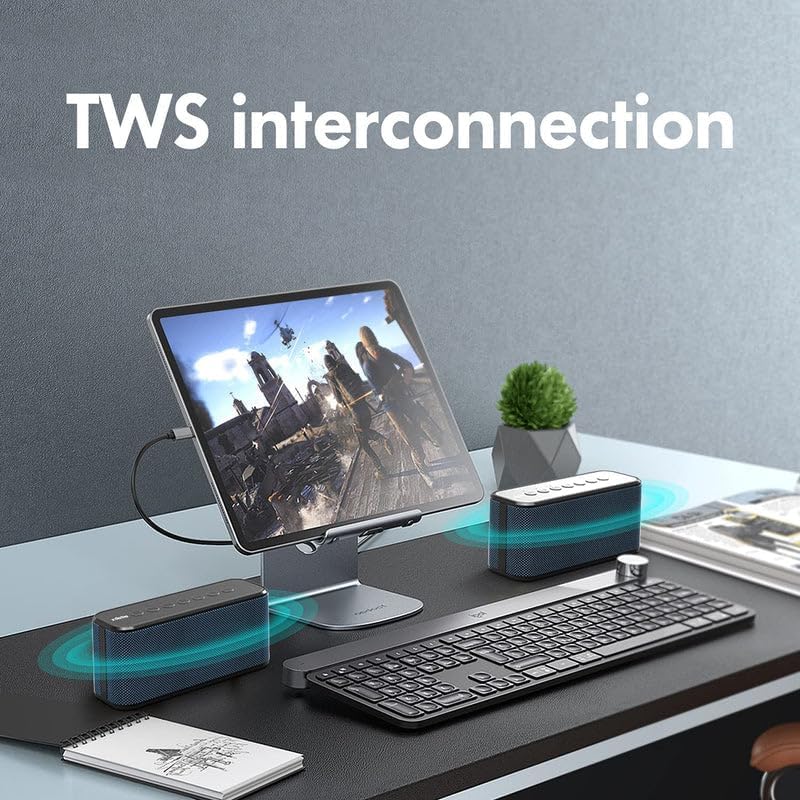 Two X8 Plus speakers wirelessly connected to a tablet via TWS