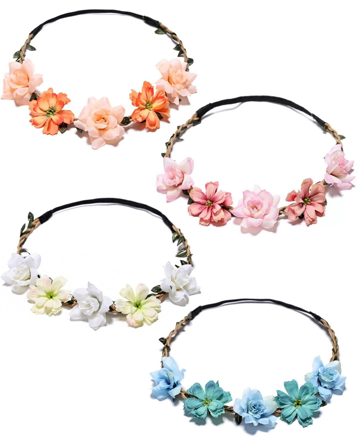 4 Pezzi Coroncine Fiori Capelli Set, Fascia Corona Fiori Regolabile Cerchietto Floreale per Matrimoni, Festival, Feste a Tema, Accessorio Bohémien Donna e Ragazza