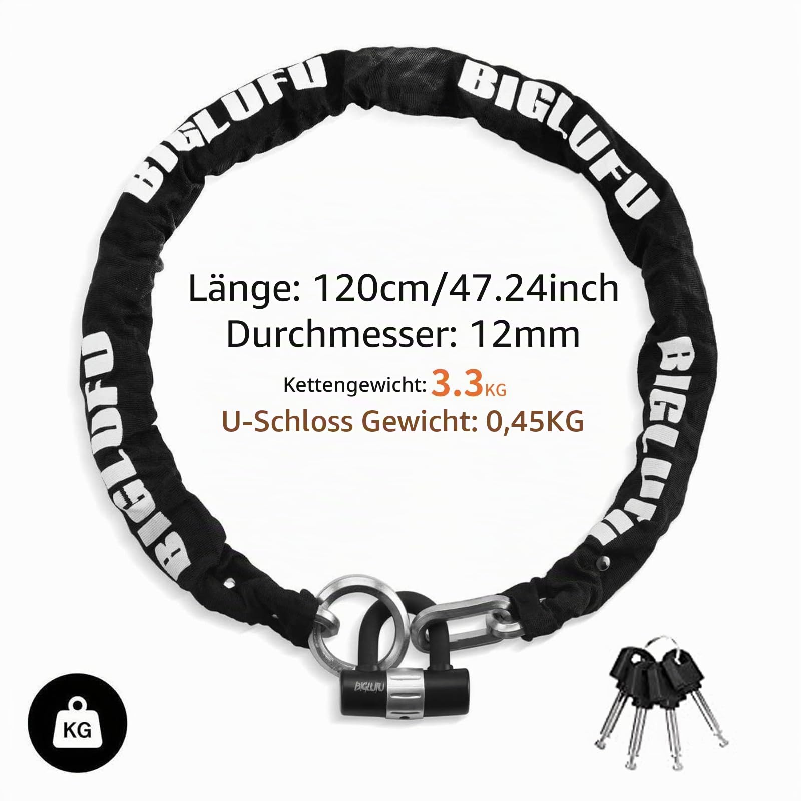 Fahrradschloss Kettenschloss mit 4 Schlüssel Hohe Sicherheit, 100/120/150cm Lang Motorradschloss 10/12/15mm dicke Silber Kette mit U-Schloss schlösser für Fahrrad, Motorrad, Scooter