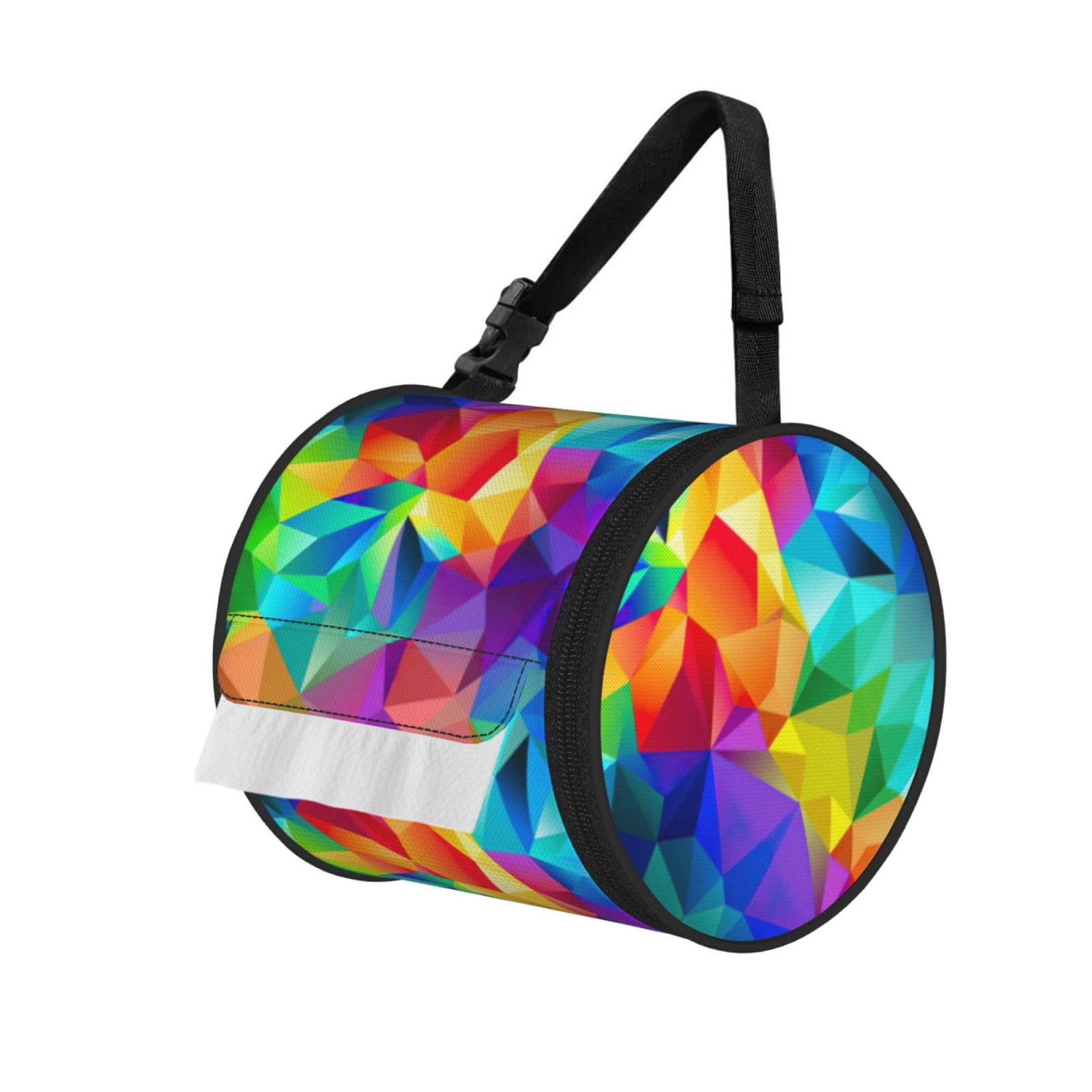 Rainbow Geometric Printed Hanging Tissue Organizer, Smooth Zipper Oxford Cloth Roll Holder for RV Bathroom Desk
