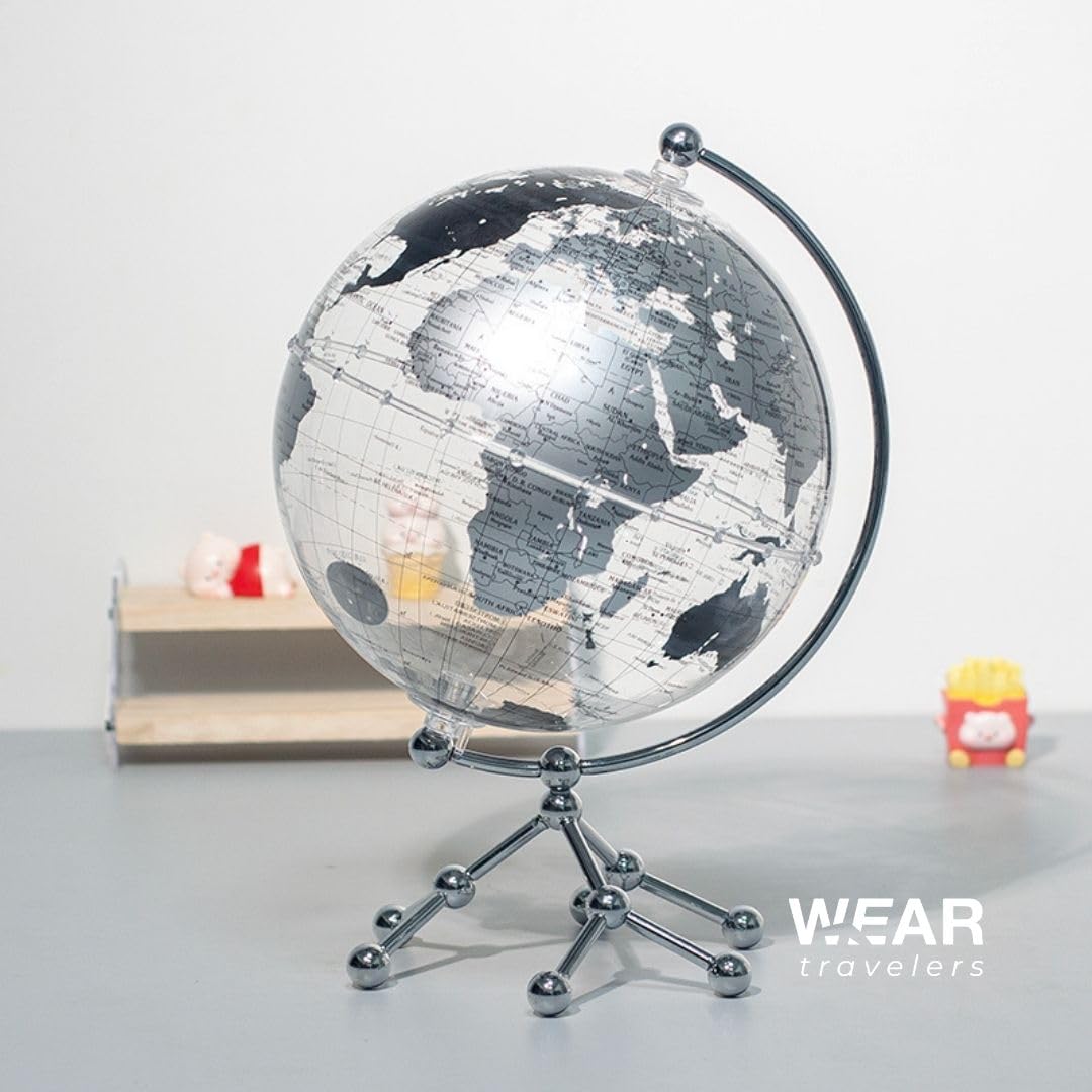 Globo Mappamondo Illuminato LED 20 CM Base in Metallo – Lampada da Tavolo con Mondo Decorativa per Casa, Ufficio, Scuola – Rotazione Manuale 360° – Idea Regalo Educativa Bambini (Argento)