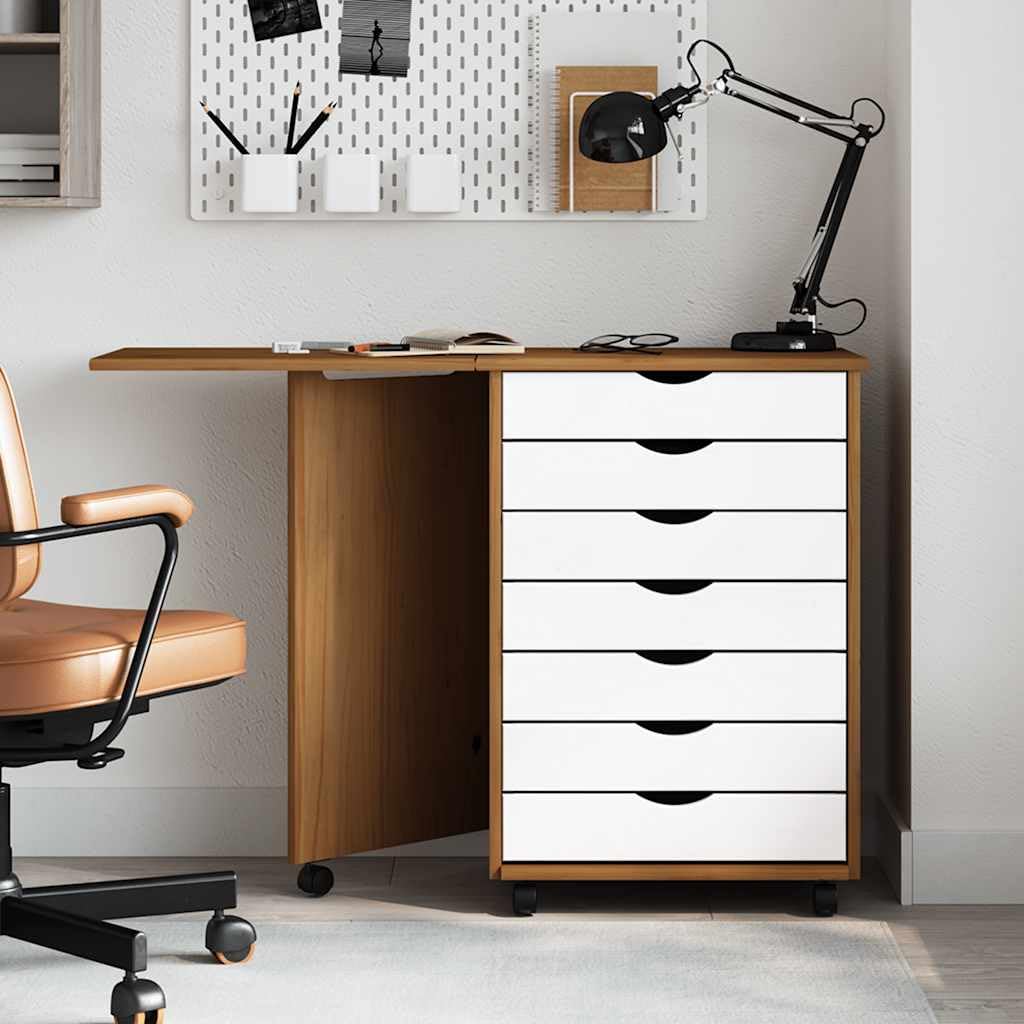 Moss - Armadio a rotelle con scrivania in legno di pino massiccio, segretario con 7 cassetti, tavolo pieghevole per ufficio e soggiorno, colore: marrone miele e bianco, 105,5 x 39 x 74,5 cm