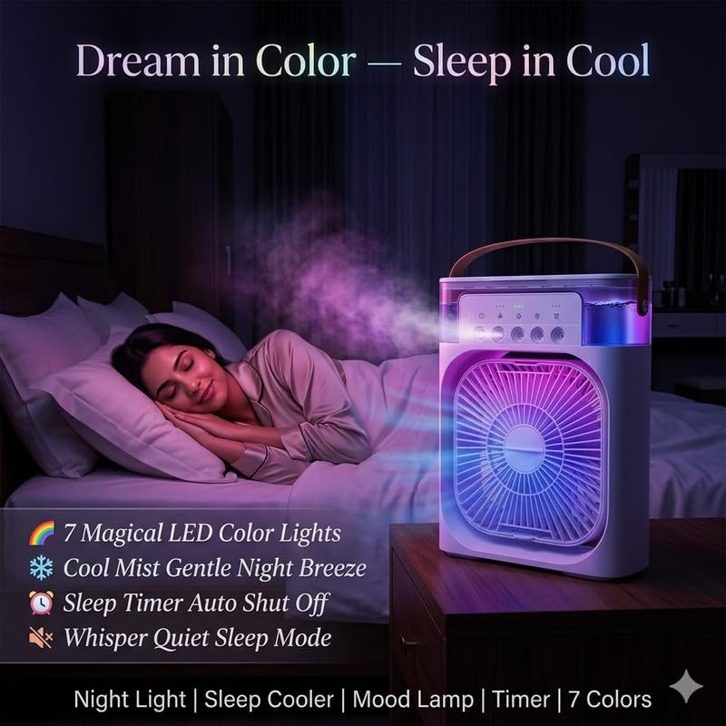 Image of (10 Years Assured Warranty) Mini Portable USB Air Cooler Fan with LED Light Effect Mist Spray Cooling System for Home Office Bedroom Travel Comfort Use