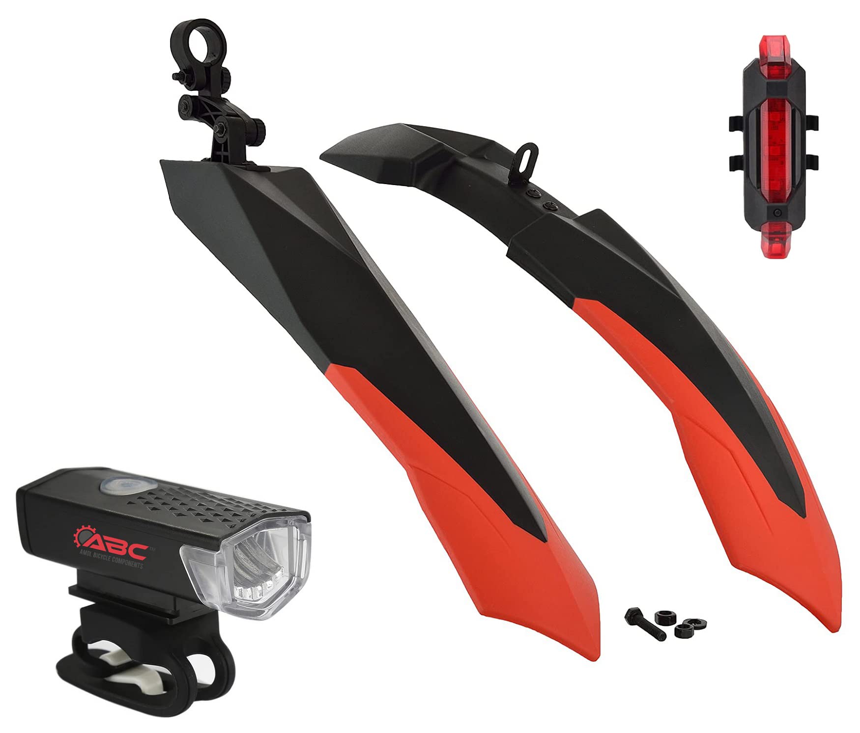 ABC AMOL BICYCLE COMPONENTS Bicycle Front & Rear Double Colour Mudguard with Iron Fitting + Cycle Waterproof USB Rechargeable Front & Back Light (Red) (B0BS74W8NR) Amazon Price History, Amazon Price Tracker