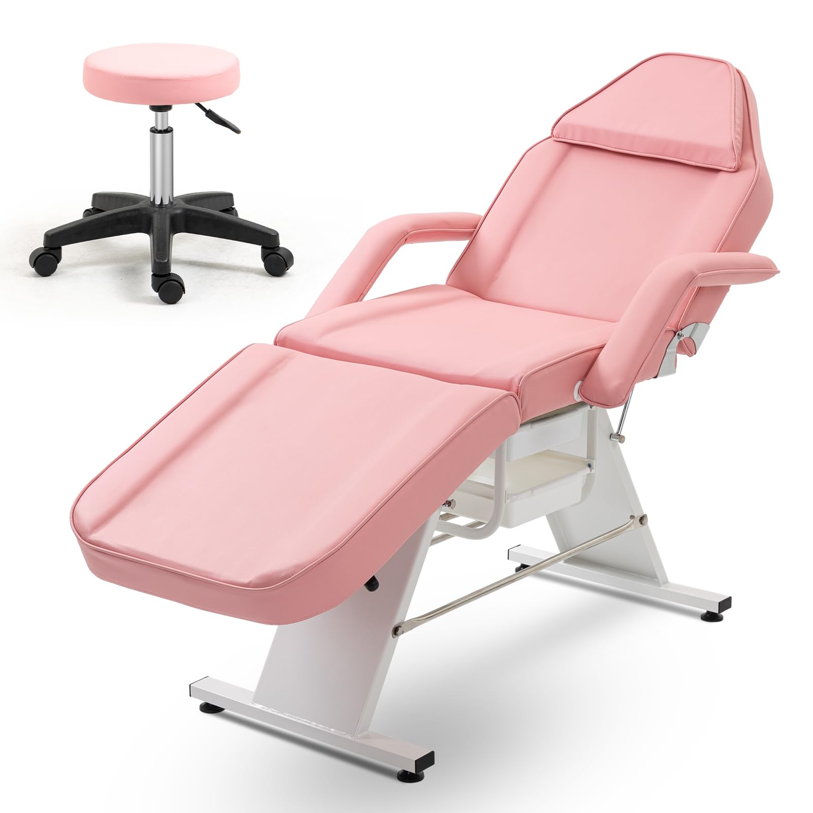 Tattoo Chair Facial Bed with Two Trays Esthetician Bed Adjustable Folding Salon Bed with Hydraulic Stool Massage Bed for Professional Massage Facial Lash Beauty Treatment Spa Pink