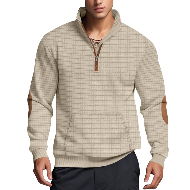 Men's Stand Collar Quarter Zip Sweater-Vintage Waffle Knit Pullover Featuring Elbow Patches & Pockets​​