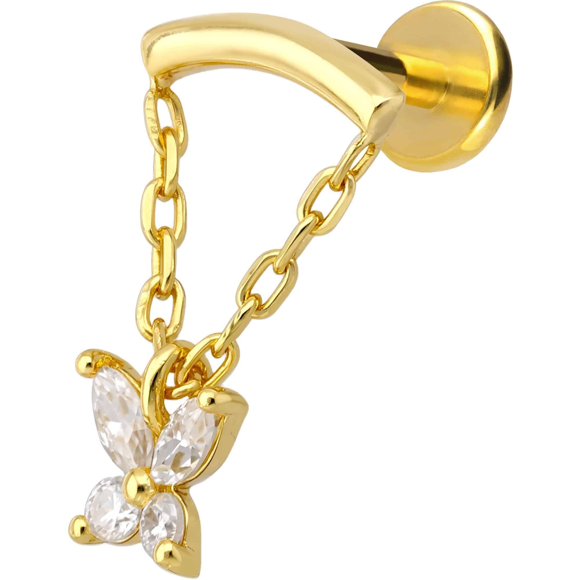 PIERCINGLINE Piercing Stecker Titan Labret mit Innengewinde + 925er Silber Aufsatz MOISSANIT-SCHMETTERLING+ BOGEN + KETTE - Goldfarben, Silberfarben