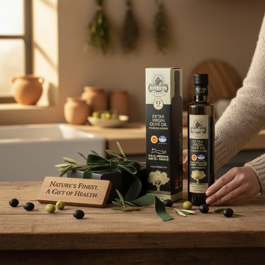 Ellora Farms, Greek Extra Virgin Olive Oil, Single Estate PDO Messara, Greece, Non GMO, cold-pressed, Polyphenol, Glass Bottle, 17 FL oz