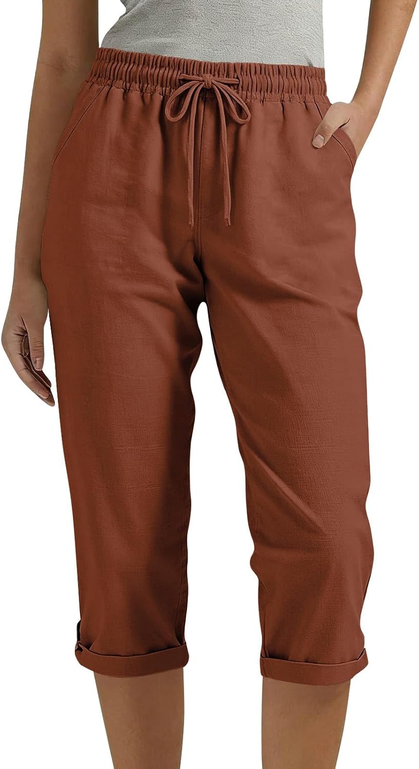 Cotton Linen Pants for Women Capri Drawstring Elastic Waist Casual Trousers Summer Straight Lounge Beach Outfits