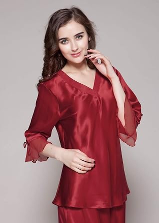 LilySilk Women's 100% Silk Pajamas Set V Neck 3/4 Long Sleeve Mulberry Silk Sleepwear