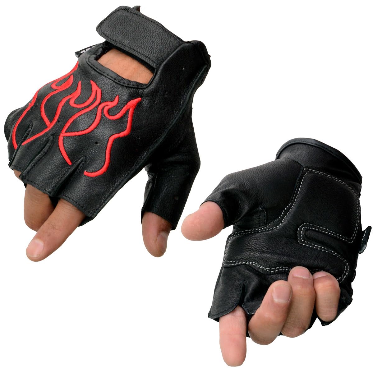 Milwaukee Leather SH198 Mens Black Leather Gel Padded Palm Fingerless Motorcycle Gloves w Red Flame Embroidery - Medium