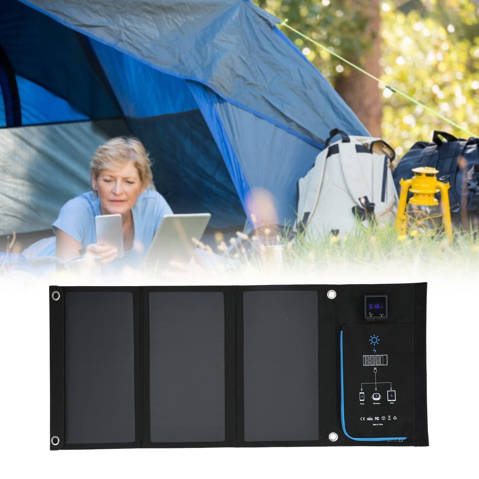 Caricatore Solare Pieghevole Caricatore per Telefono Solare Borsa di Ricarica CC Portatile Impermeabile per Escursionismo Campeggio 21 W Sun Power Design Compatto