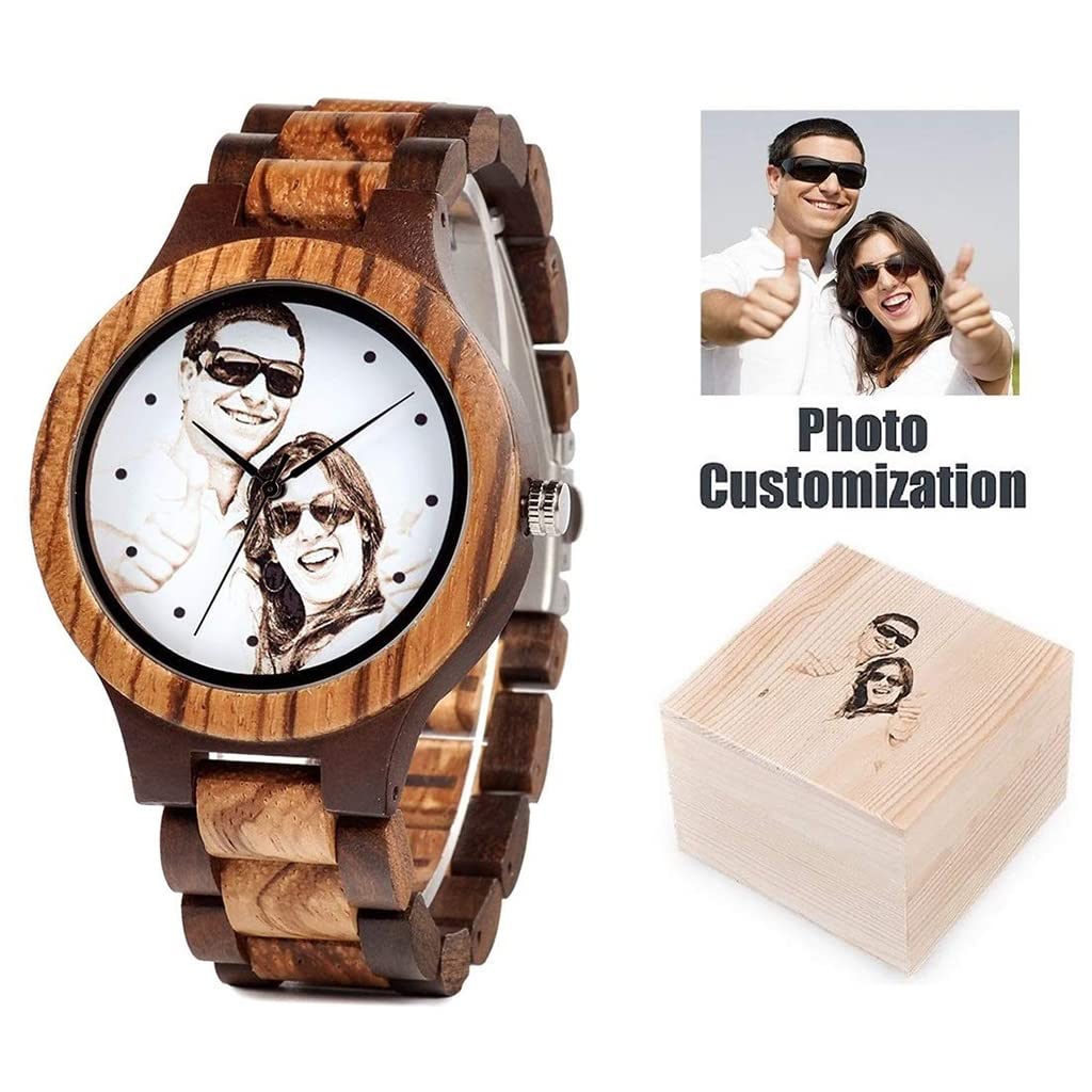 Reloj de Madera Personalizado para Hombres Relojes de Madera Natural con Foto grabada Pulsera Ajustable para Regalo Aniversario de cumpleaños para esposopapá Hijo o Novio