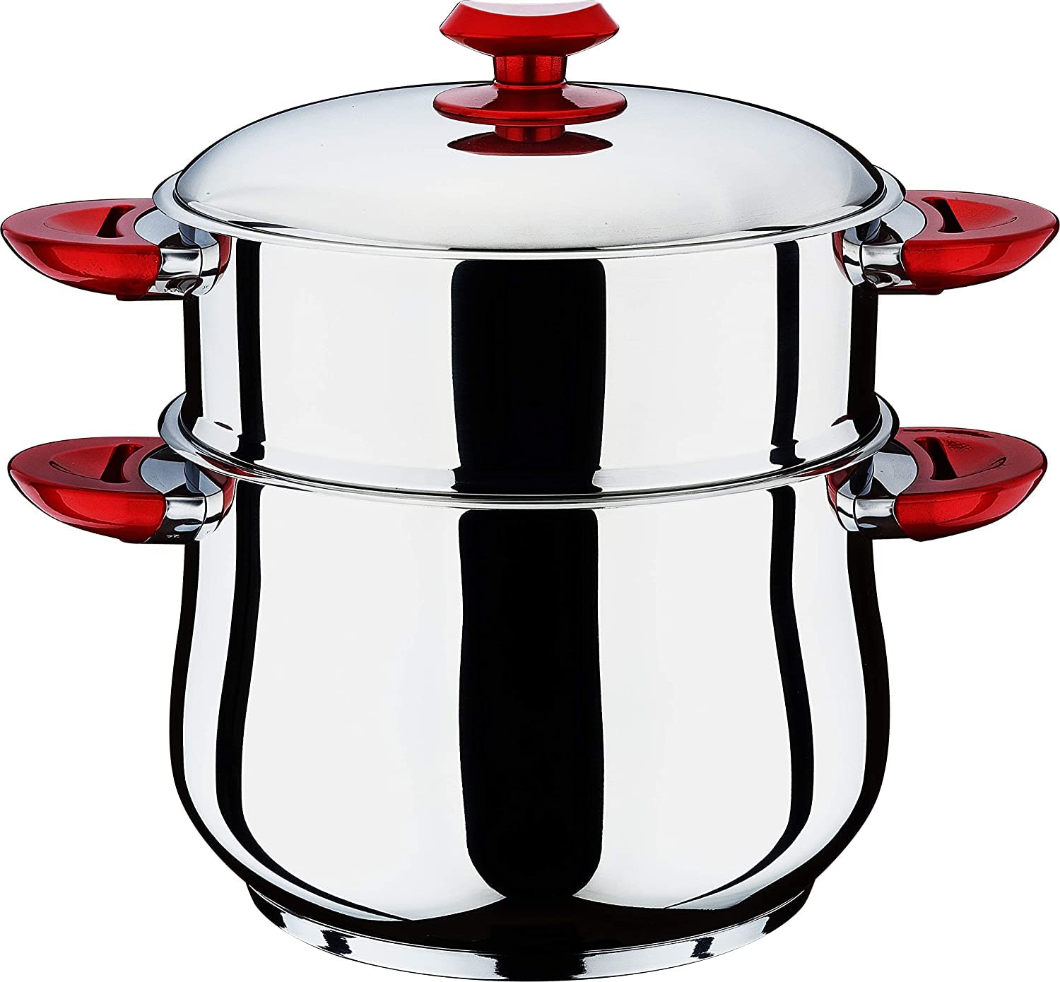 Hascevher Stainless Steel Steamer Belly shape Cous Pot with Red Handle | Steamer Cookware Red Handle (28 CM)