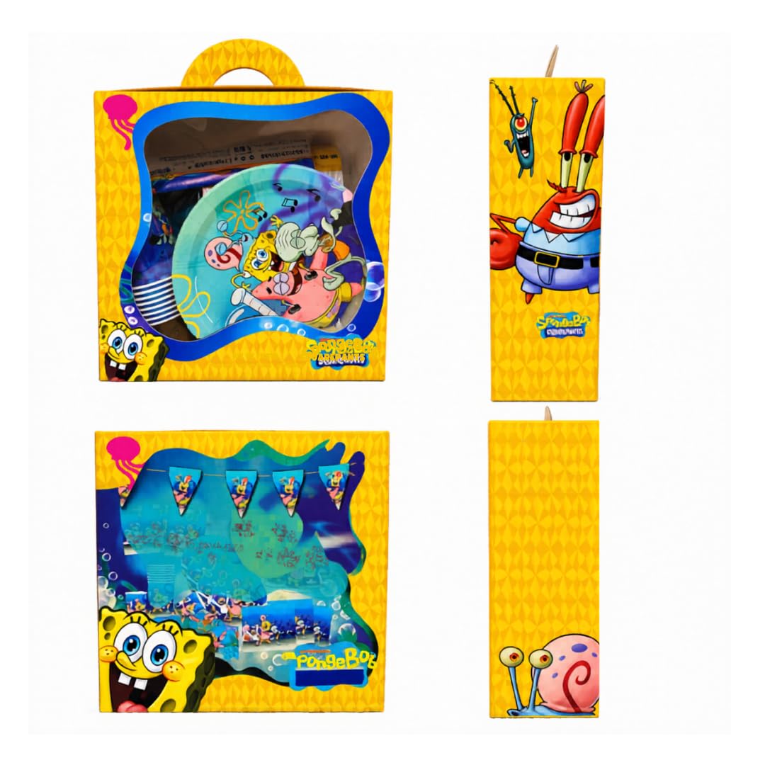 SpongeBob Compleanno, Kit Compleanno Bambini 62 Pezzi con Decorazioni Festa, Piatti, Bicchieri, Tovaglioli, Palloncini, Tovaglia, Sacchetti Regalo, Cappellini e Ghirlanda