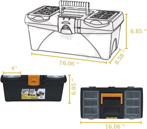 Miniatura 3 de VHD Caja de herramientas de plástico amarillo de 16 pulgadas con bandeja de herramientas extraíble y caja organizadora extra pequeña (juego de 3