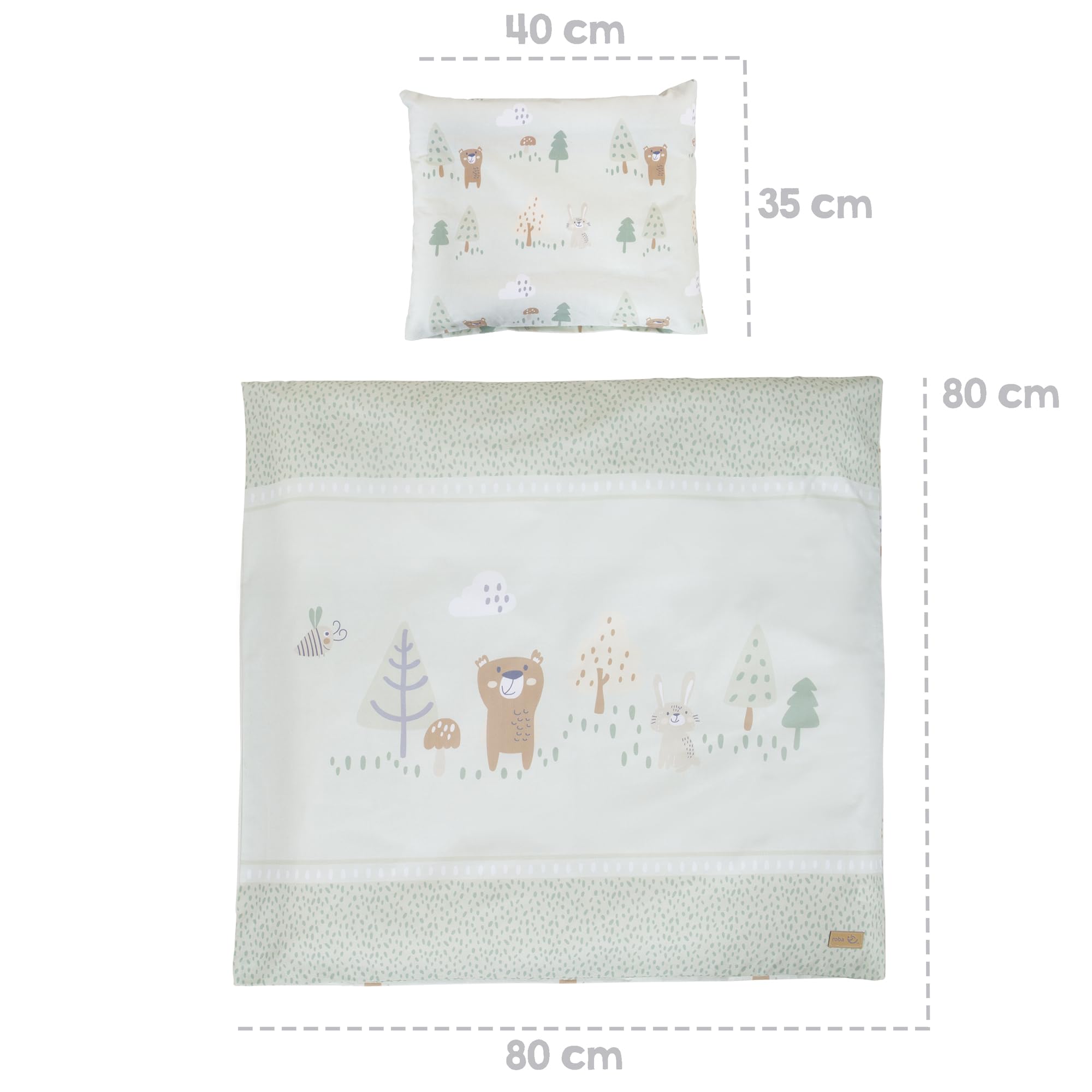 roba Biancheria per Culla Woodland Buddies - Piumino 80 x 80 cm + Federa 35 x 40 cm - Cotone Morbido - Verde Pastello con Orso, Coniglio & Ape