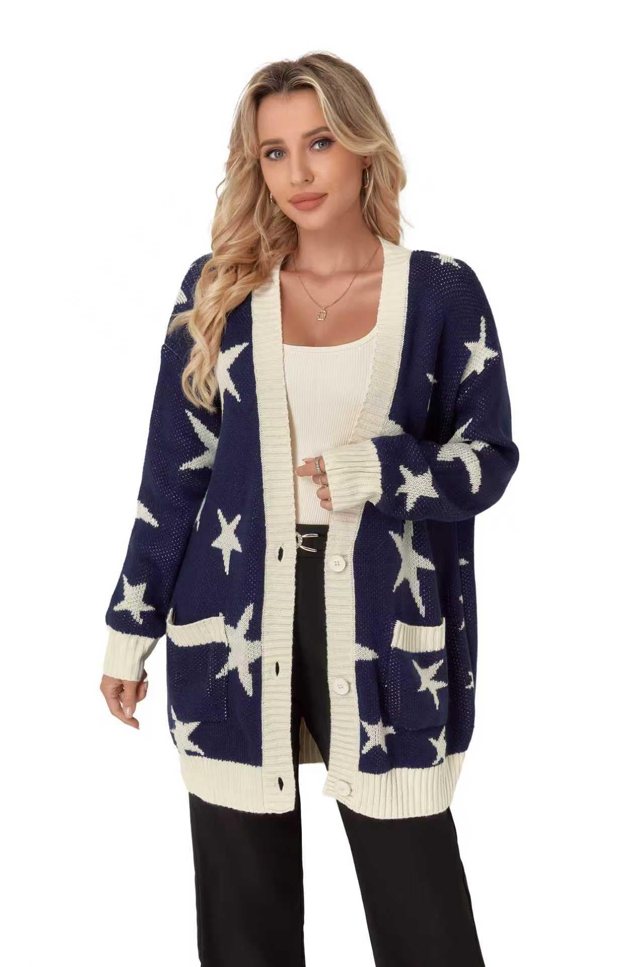 Womens Button Down Open Front Cardigan Knit Sweaters with Pockets Star Bow Print
