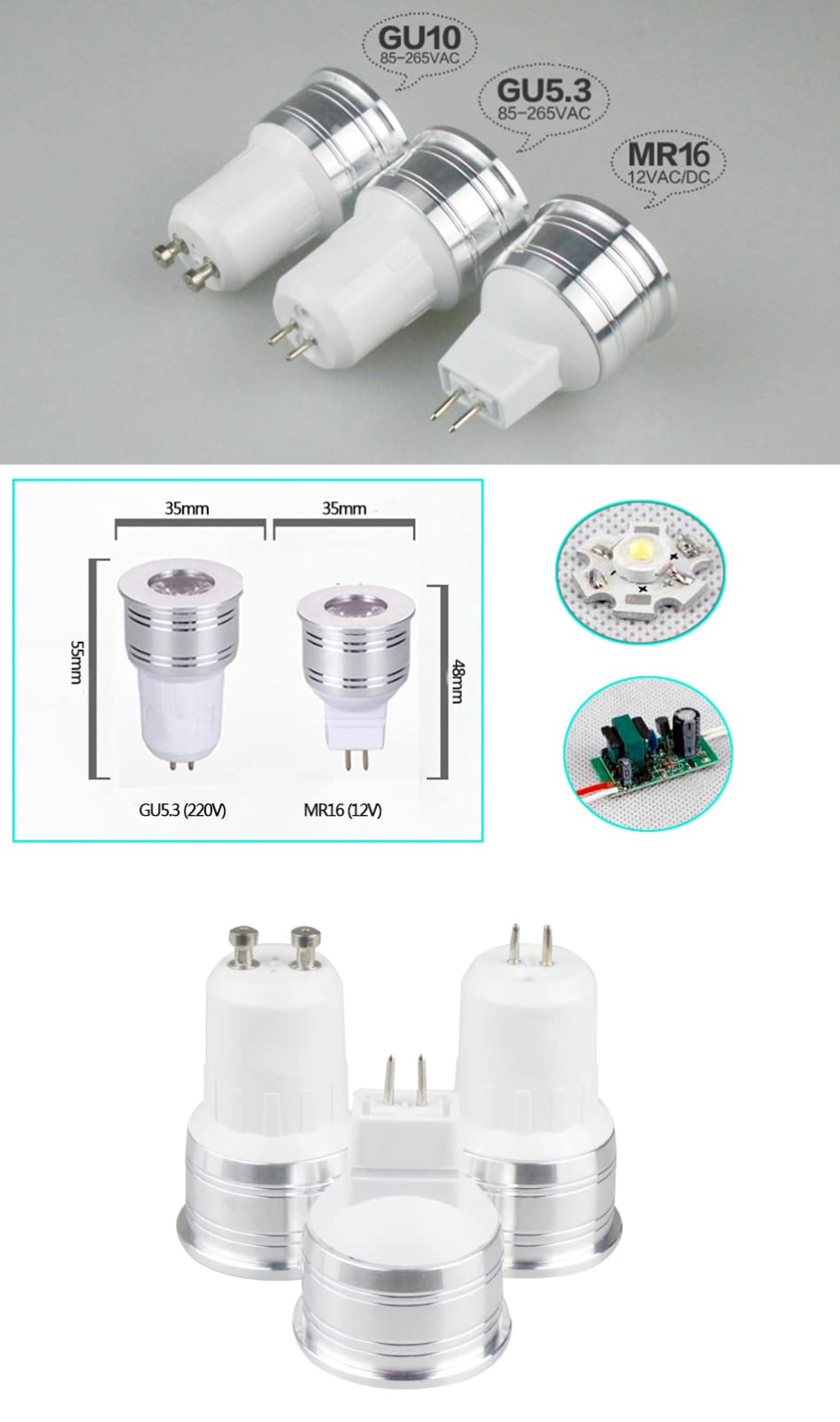 3 uds 1W 3W bombilla LED MR16 12V regulable 35mm Mini bombilla de foco GU5.3 GU10 E27 lámparas COB 220V 110V,Blanco frío GU5.3,1W de alta potencia