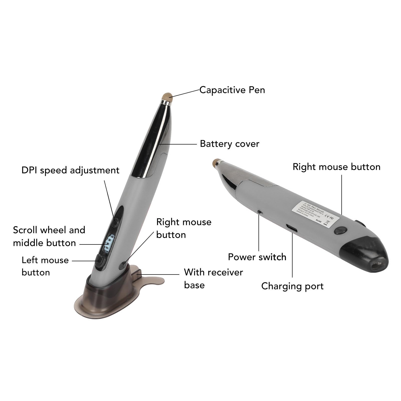 Mouse a Penna Wireless, Stilo Ottico 2.4G Bluetooth Dual Mode con DPI Regolabile a 800, 1200 e 1600, per, IOS, PC, Laptop, Notebook e Mac. (Grigio argento)