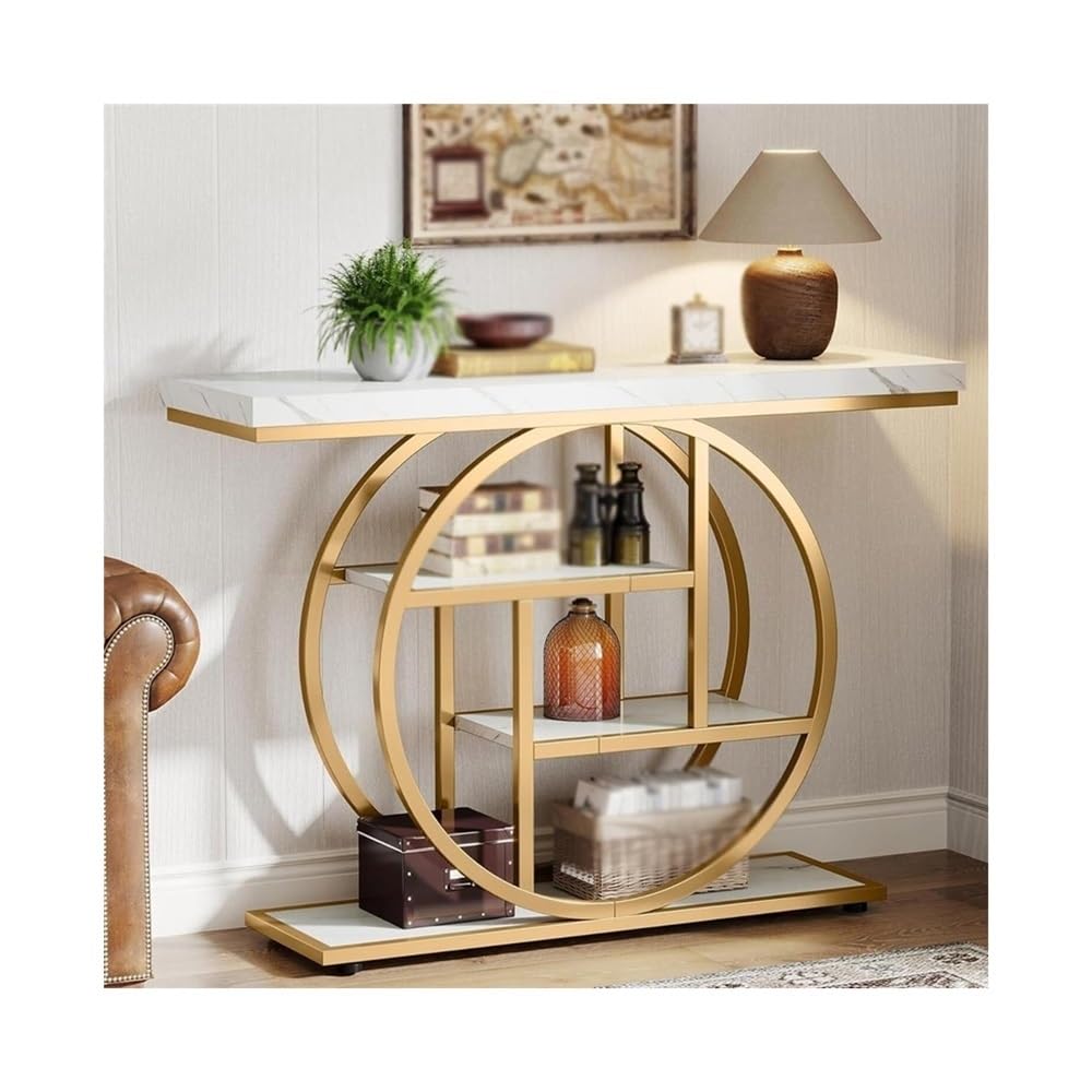 Tavolo consolle, tavolo d'ingresso con base circolare, tavoli ripiani portaoggetti for soggiorno Consola per Ingresso(White Gold)