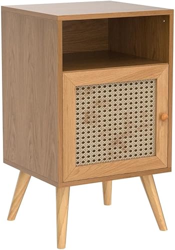 Miniatura 28 de Xilingol Moderna mesita de noche de ratán con estación de carga, mesa auxiliar bohemia con puerta decorada de ratán hecha a mano, mesita de noche de