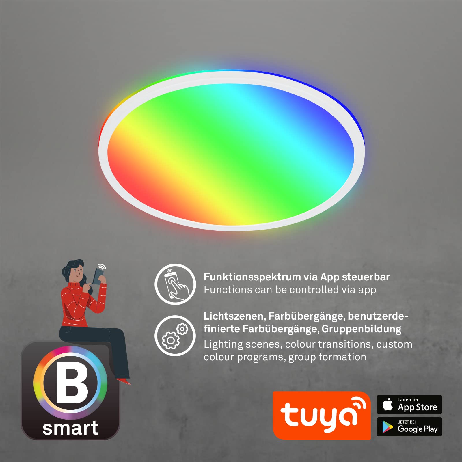 BRILONER - Plafoniera LED intelligente, colori brillanti RGB, effetto luce indiretta, luce bianca neutra, lampada da salotto WiFi, telecomando, controllo vocale
