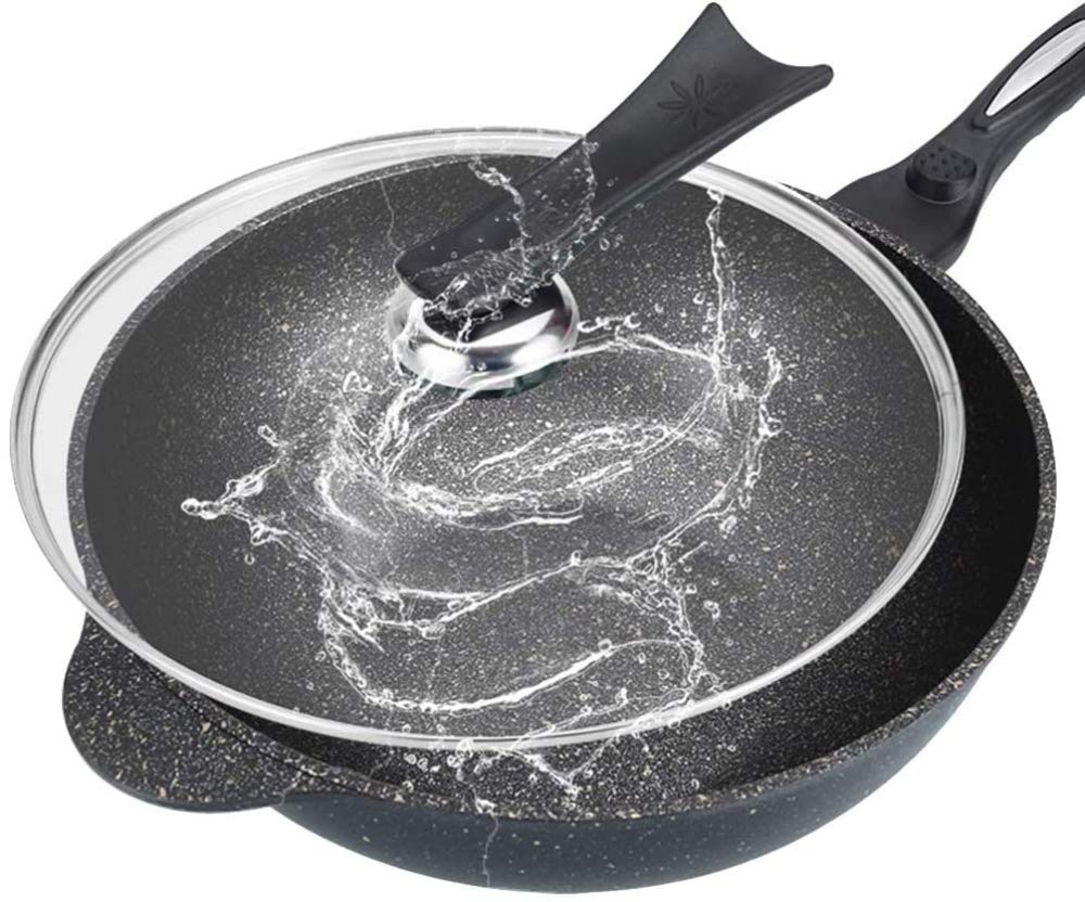 zaizai Wok Korean Stone, Wok sans Fumée Antiadhésif Riche en Sélénium, Wok avec Couvercle Et Spatule en Bois, Ensemble Santé Pan Wok, Cuisinière À Induction Cuisinière À Gaz Universelle