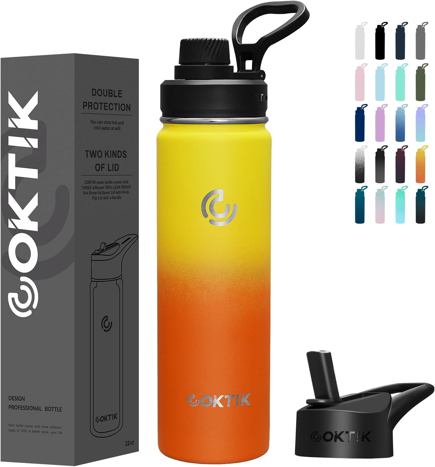 COKTIK Insulated Stainless Steel Water Bottle With Straw Lid, 22 oz Wide Mouth Double Wall Vacuum Insulated Water Bottle Leakproof Lightweight for Hiking, Biking, Running(Fire)