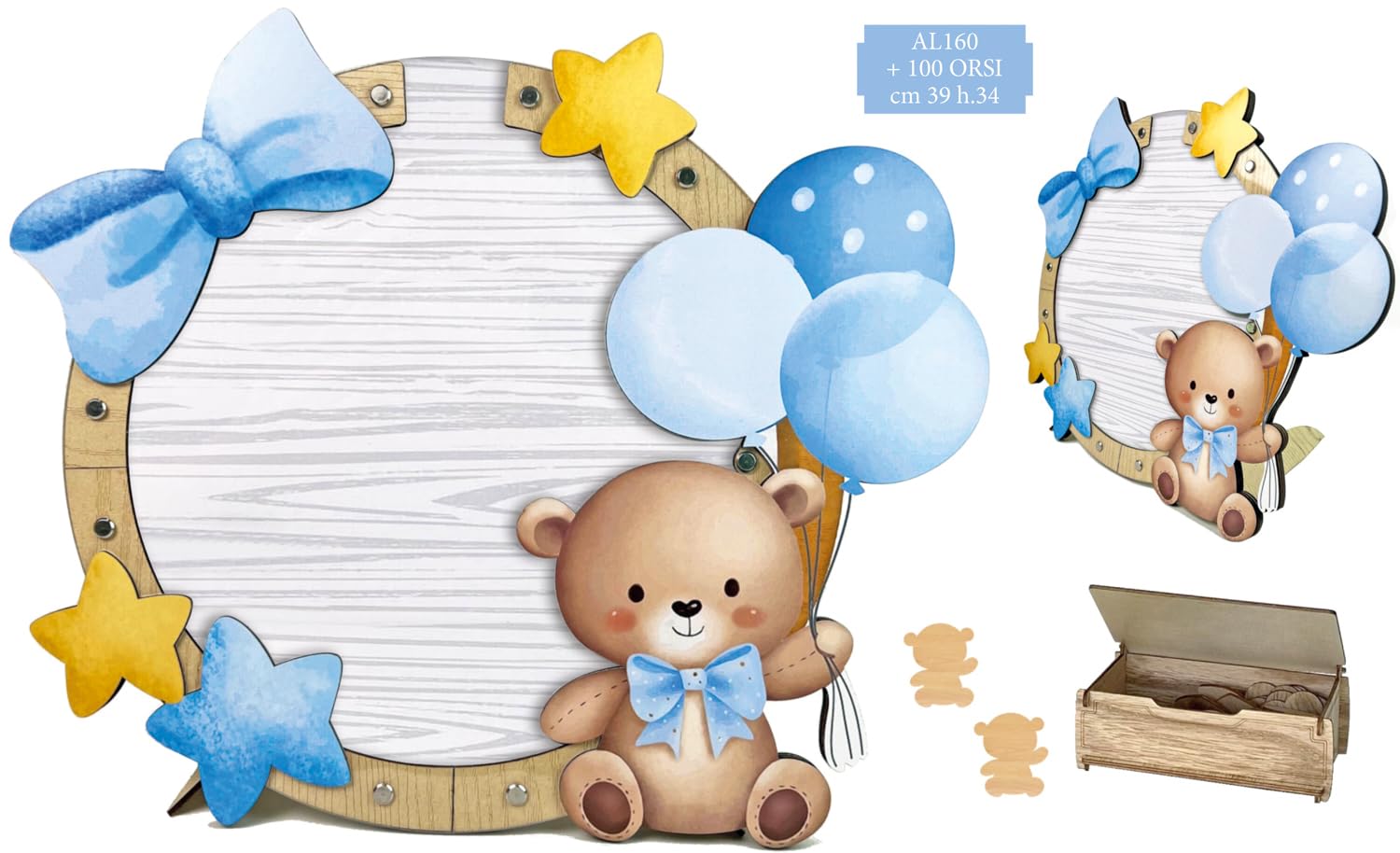 Porte vœux, en bois, motif ourson, bleu ciel, naissance, 39 x (H) 34 cm, avec 100 mini oursons, livre d'or pour baptême, baby shower, premier anniversaire, idée originale 2026
