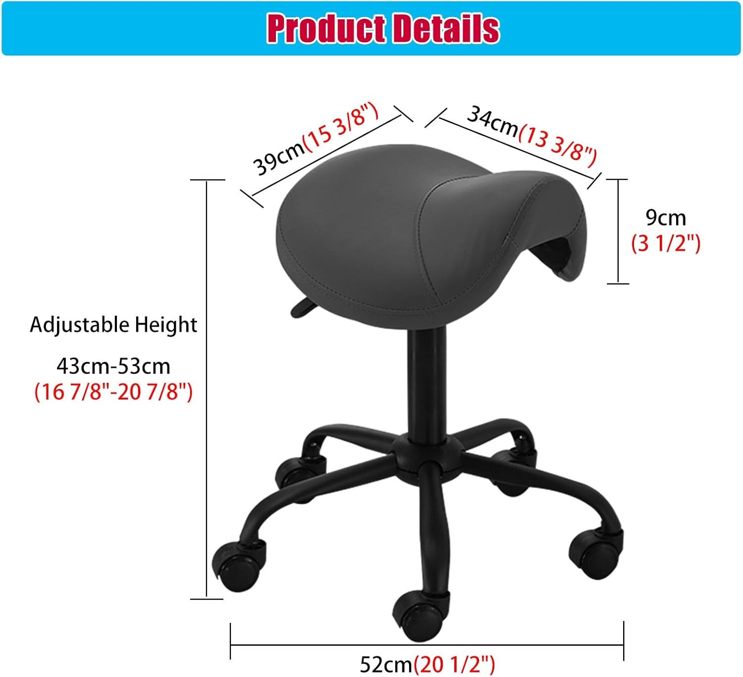 Ergonomic Medical Saddle Stool Chair - 360° Swivel, Adjustable Height 43-53 cm, Hydraulic Rolling Office Seat for Home & Work - Stylish Black Design