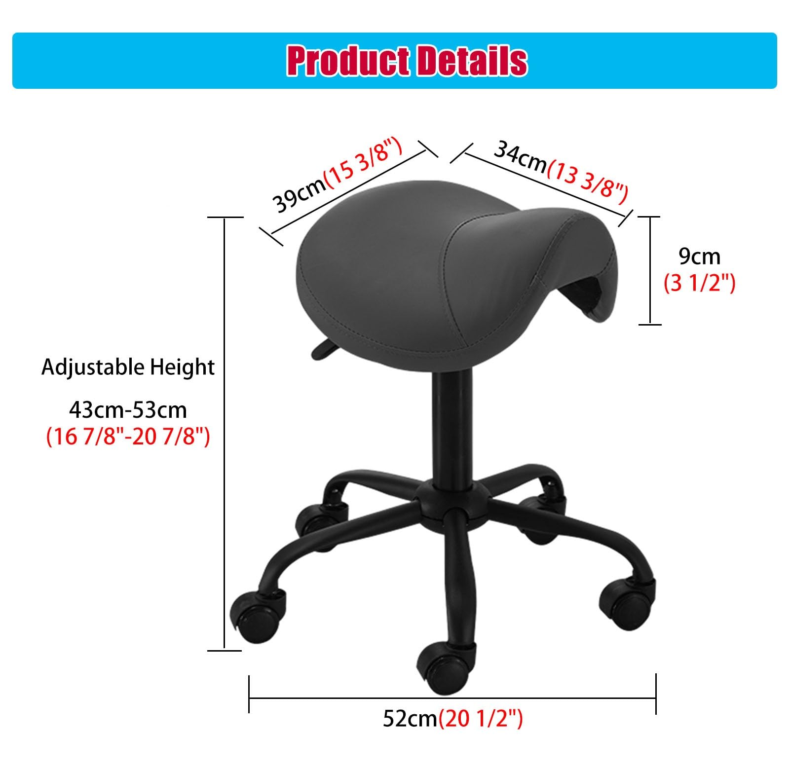 Taburete de Silla de Montar Silla Ergonomica Silla Medica Taburete, Silla Taburete Rodante Hidráulica 43 Cm- 53 Cm, Silla de Montar Giratoria 360° Asiento para Casa, Trabajo, Oficina ( Color : Black )