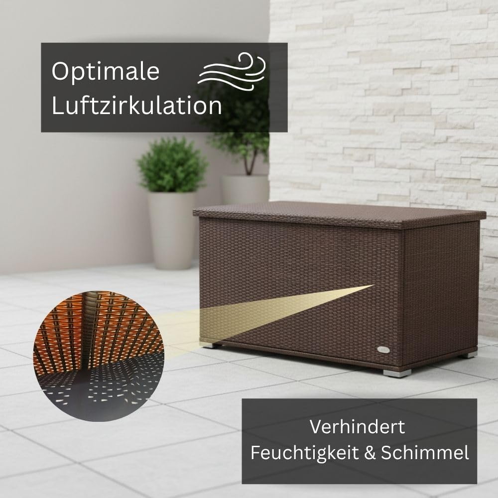 RS Trade Auflagenbox wasserdicht XXL, Gartenbox, Aufbewahrungsbox Garten, Kissenbox Outdoor, Gartentruhe, große Gartenkiste für Polster, wetterfeste Garten-Aufbewahrung, Polyrattan, 950l, braun Garden