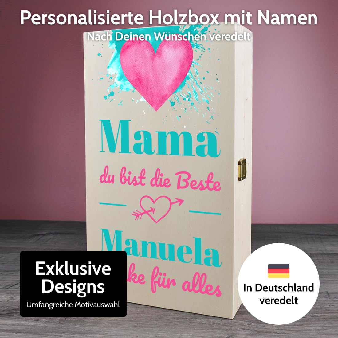 polar-effekt Weingläser 560 ml 2er-Set & Holzkiste mit UV-Druck zum Muttertag - Muttertagsgeschenk für Frauen - für Weißwein & Rotwein - Motiv Mama du bist die Beste