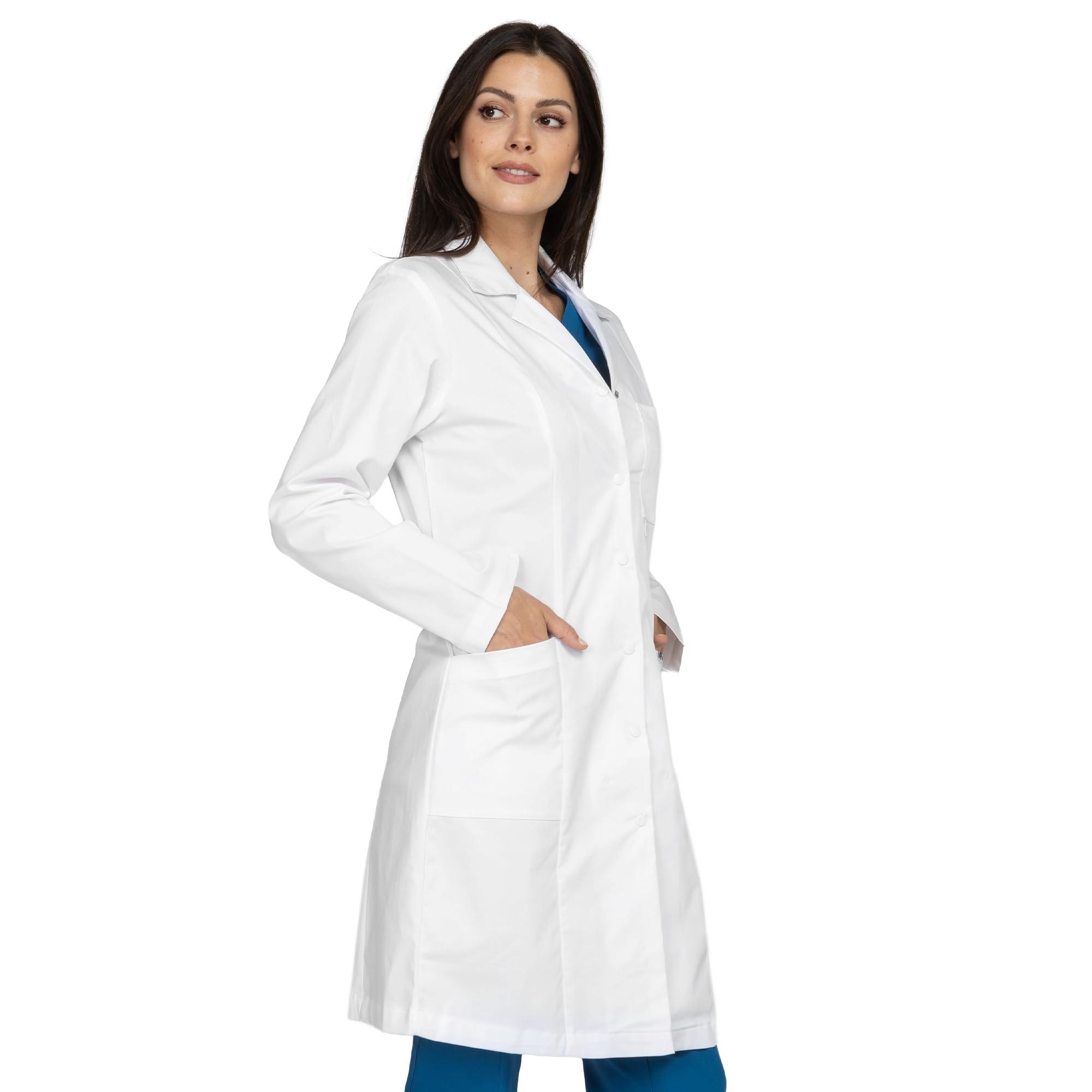 B-well Valeria profesjonalny fartuch damski z kołnierzem z odwracanym kołnierzem Valeria, damski fartuch laboratoryjny, z kołnierzem z klapą, długimi rękawami, 3 kieszeniami i ukrytym mocowaniem z