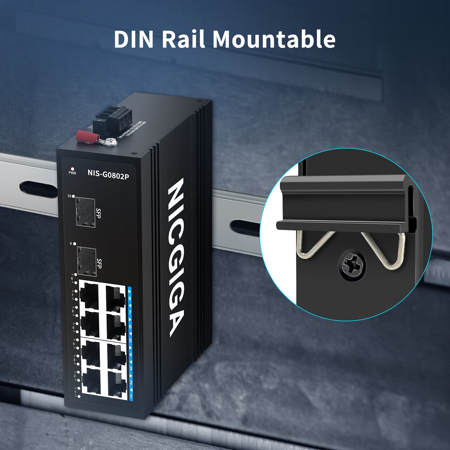 NICGIGA 8 Port Industrial Gigabit Poe Ethernet DIN-Rail Switch, with 8 x 30W Poe Ports @245W + 2 SFP Uplink Network Switch. IP40 Metal Enclosure(-30° to 75°)