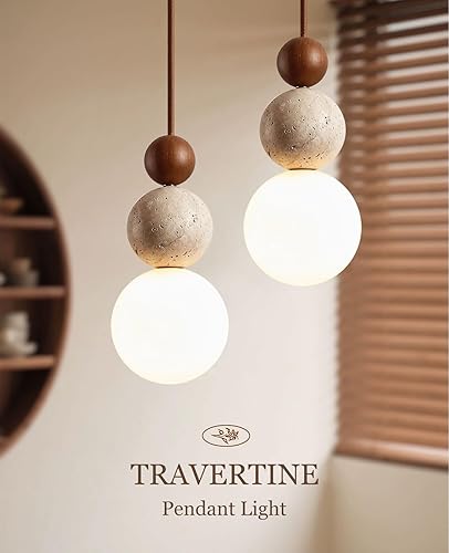 Miniatura 9 de Lámpara colgante de travertino amarillo natural, 10.6 pulgadas de alto, moderna lámpara colgante Wabi Sabi con 3 esferas de materiales diferentes,