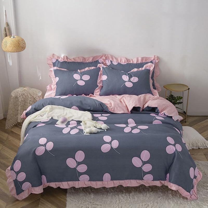 Funda Nórdica 135x200, Funda de Edredón con Flores Rosas Bonito y Dulce Estilo con Volantes Juego de Cama para Niñas 2 Piezas Sencillo Rosa A Cuadros Reversible para Niños y Mujeres Funda de Edre
