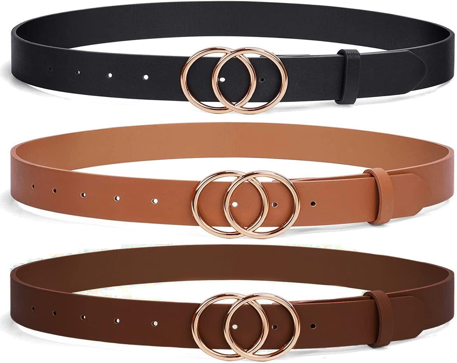 Women\'s 3 Pack Leather Belts Double O-Ring Buckle XS-2XL Women main image 2