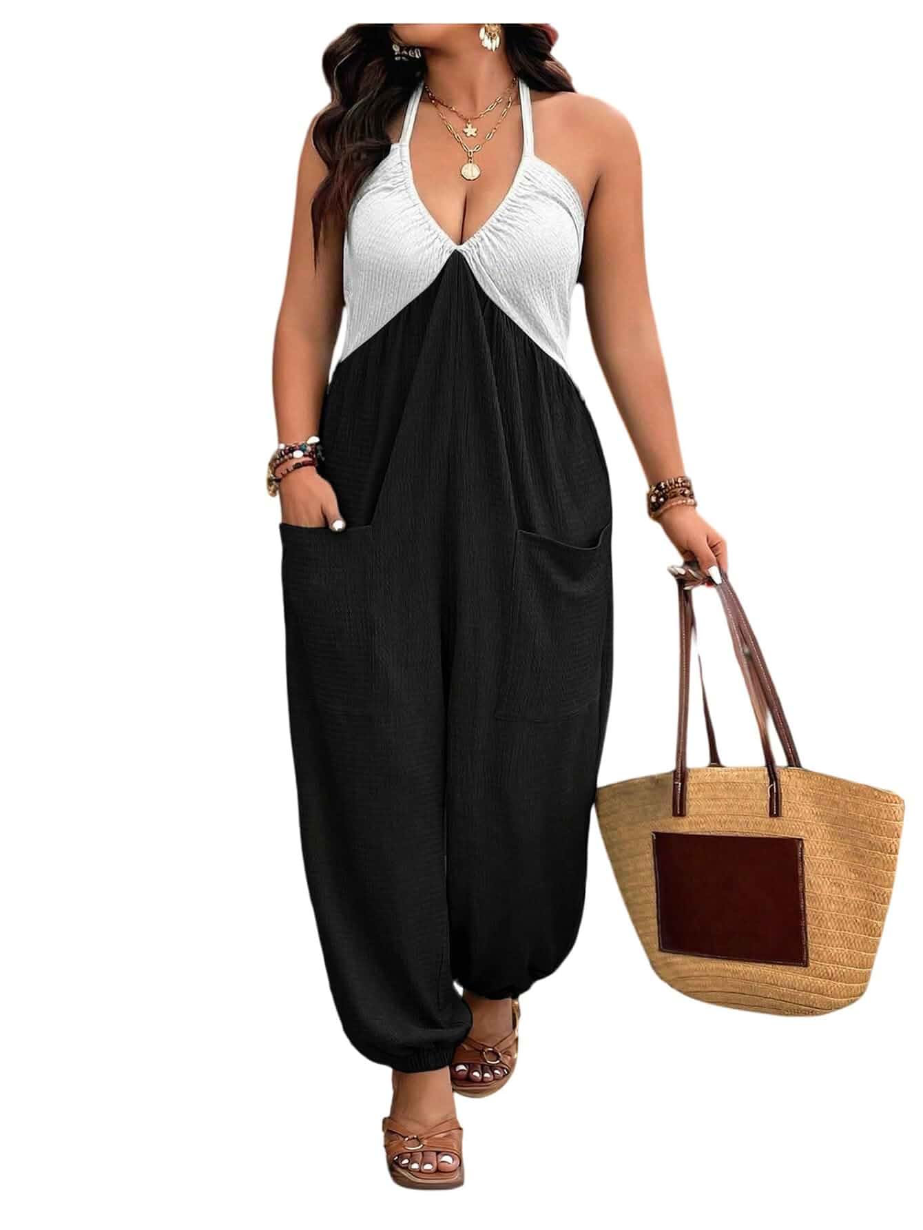 WDIRARA Women's Plus Size Backless Halter Jumpsuit Sleeveless Pants Romper | Deep V Neck