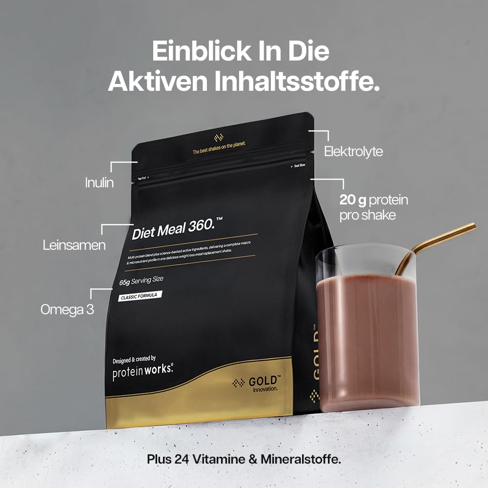 Protein Works | Diet Meal 360 - GOLD Innovation, Trinkmahlzeit, Abnehmshake, Vollwertige Ernährung, 24 Vitamine & Mineralstoffe, Leinsamen, Omega 3, Inulin, Chocolate Silk, 14 Mahlzeiten, 1kg